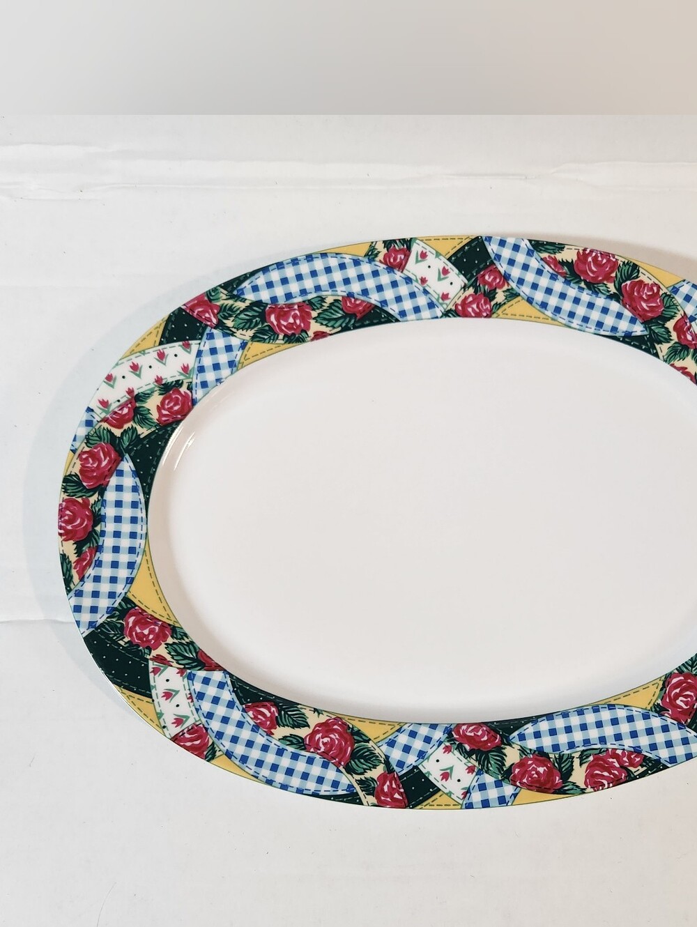 White Oval Serving Platter Friendswood with Blue Gingham and Rose Border